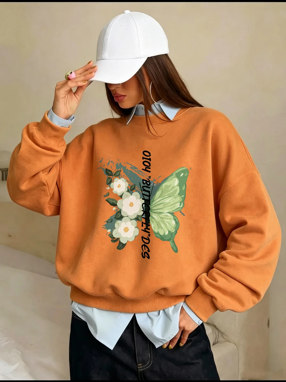 Sweat-shirts imprimés de fleurs de papillons verts pour femmes