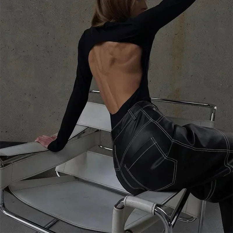 Pantalon Droit Taille Haute en Similicuir avec Poches