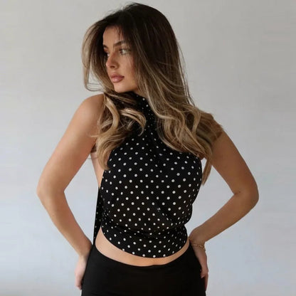 Débardeur court femme noir à pois et dos nu