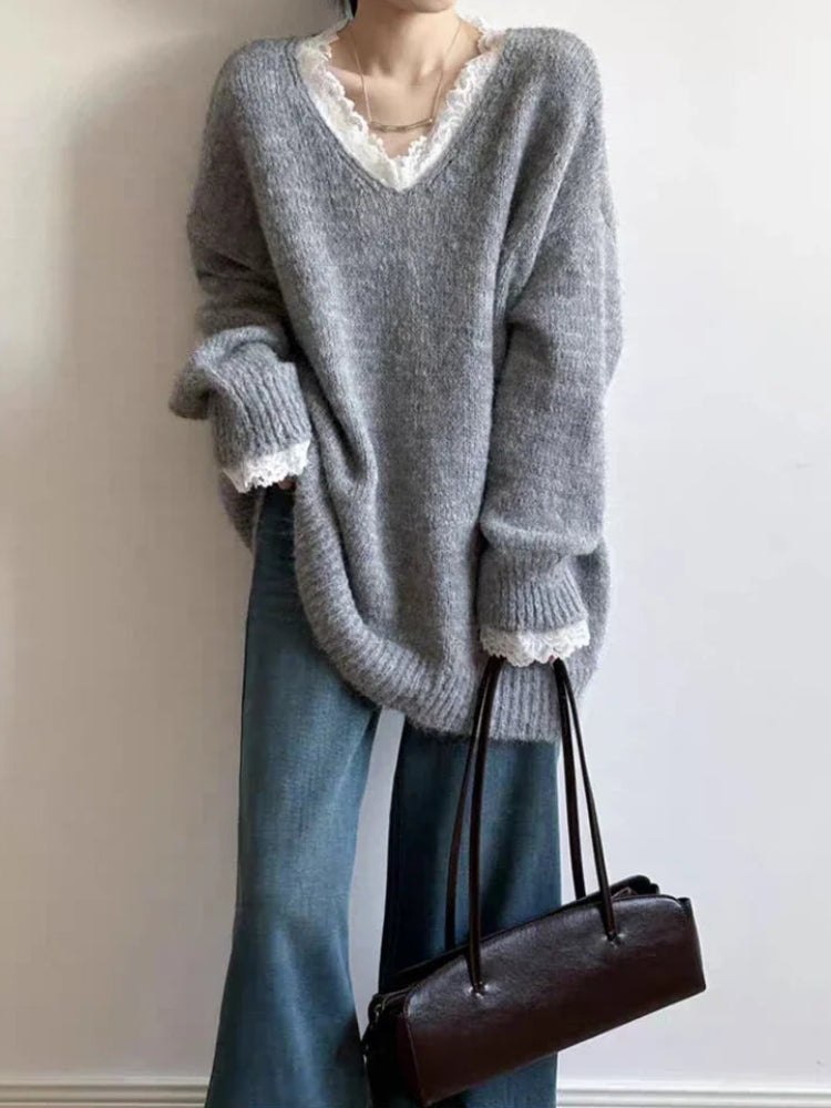 Pull en Maille Femme – Col V et Dentelle