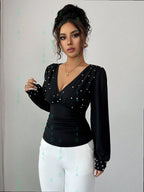 T-shirt sexy à col en V avec perles pour femmes