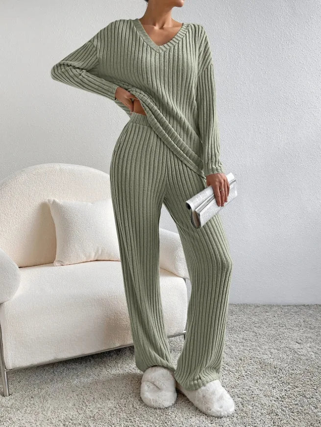 Ensembles 2 pièces pantalons décontractés à jambe droite + hauts élégants en maille à rayures  pour femmes