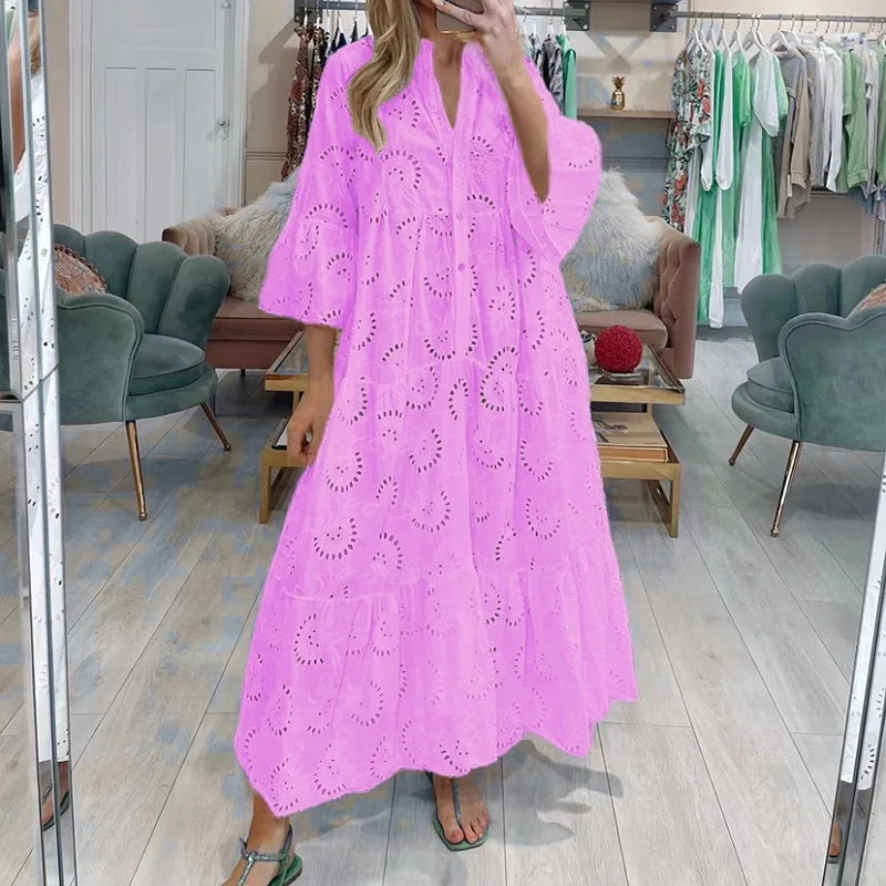 Robe longue en dentelle Jacquard brodée blanche au Crochet pour femmes