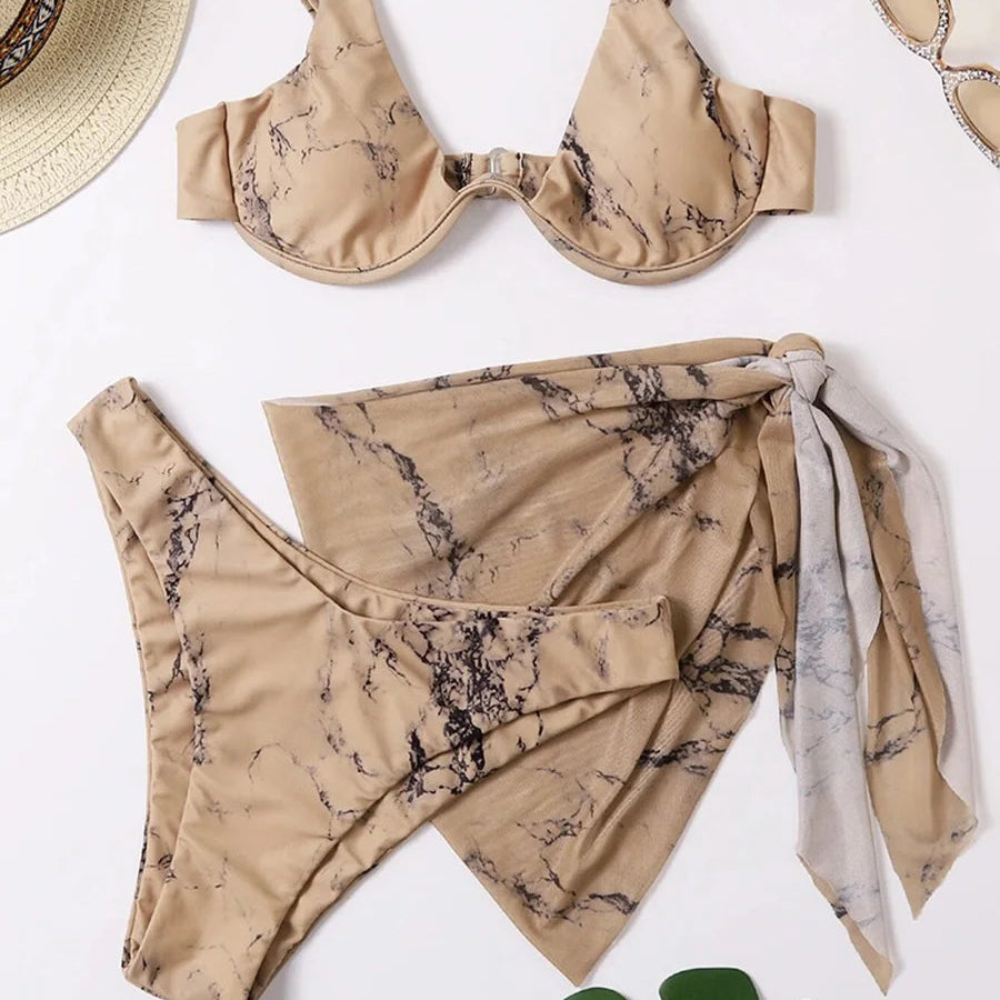 Maillot de bain trois pièces Push Up imprimé marbre, col en v, à armatures, pour femmes
