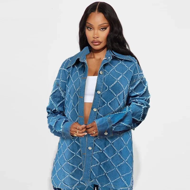 Ensemble 2 pièces chemise en jean à manches longues et pantalon large pour femmes