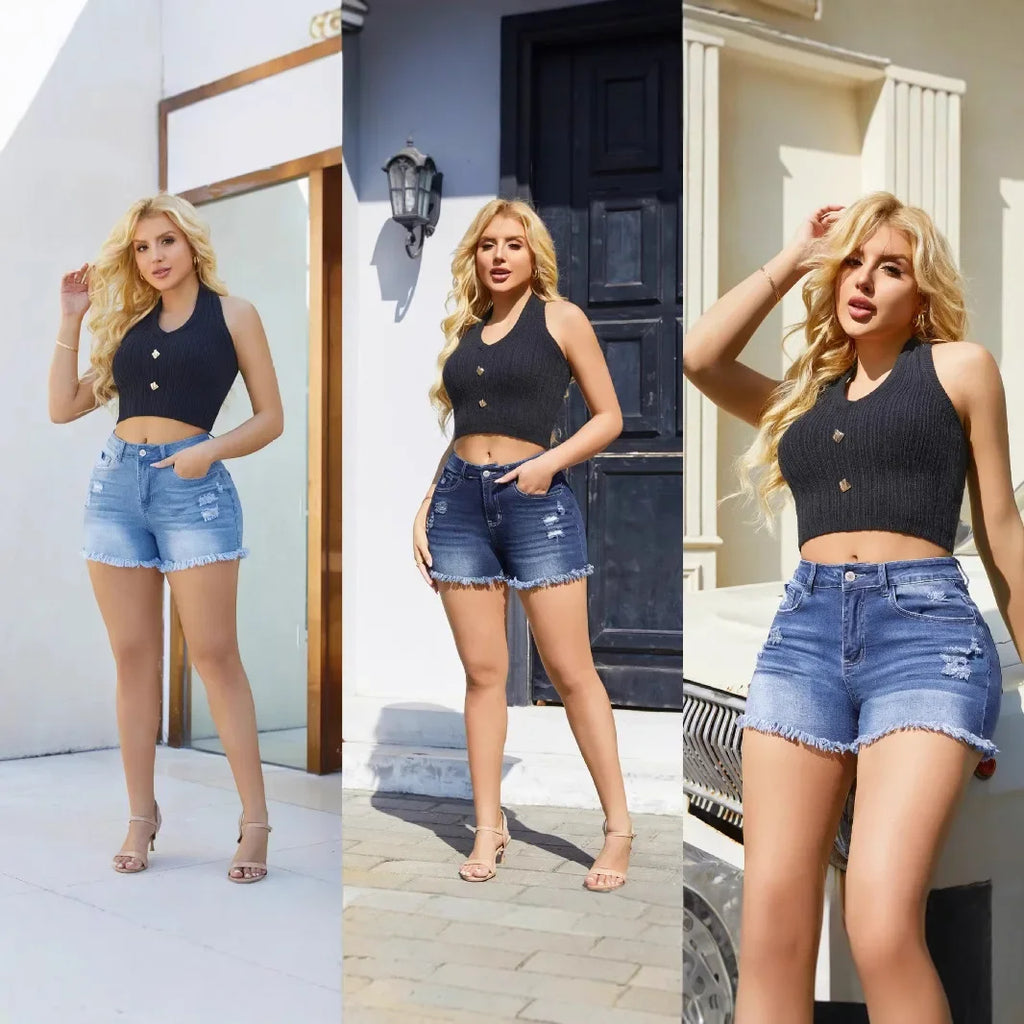 Shorts en jean déchirés à franges pour femmes