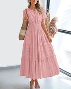 Robe longue plissée élégante style français à col en V pour femmes