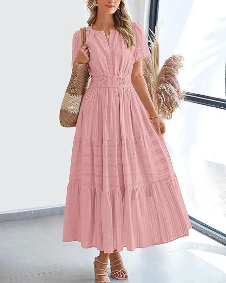 Robe longue plissée élégante style français à col en V pour femmes