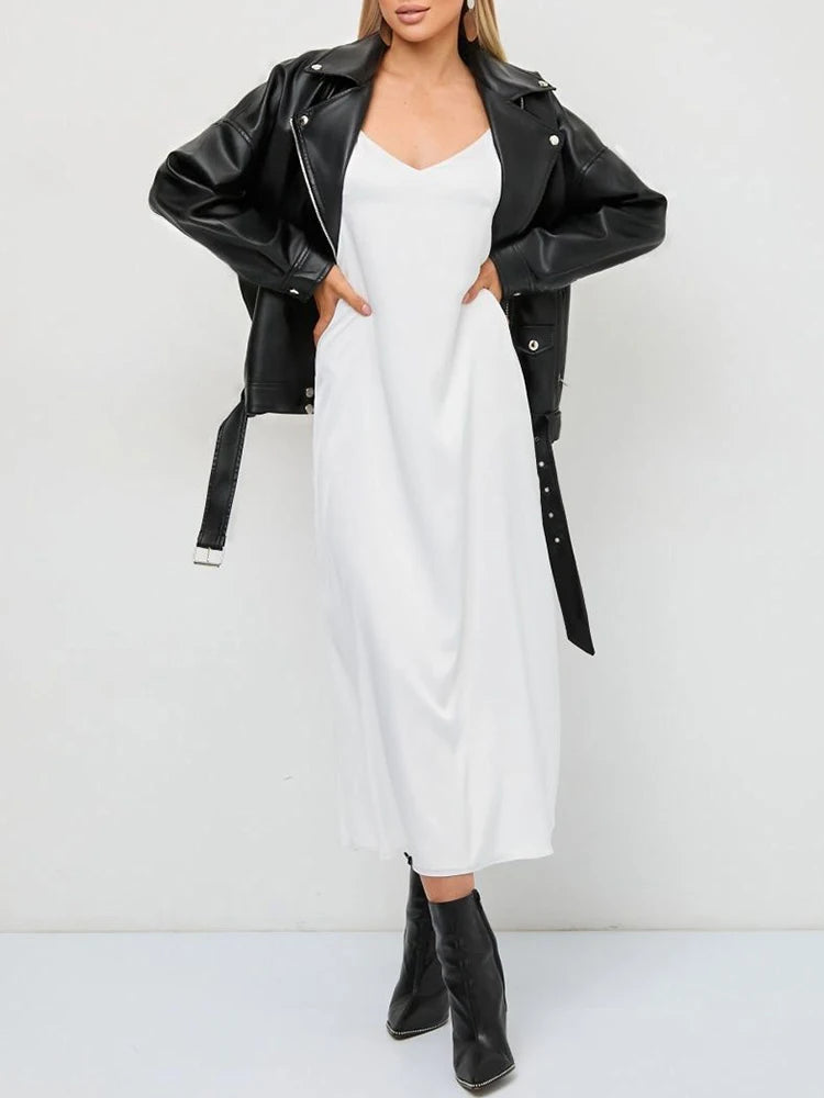 Veste ample noire en similicuir PU pour femmes