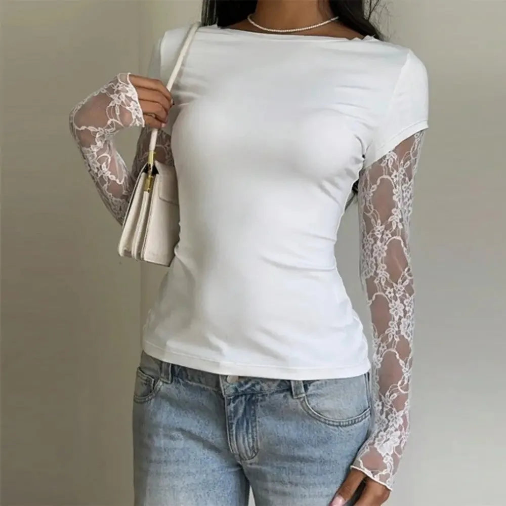 Haut en dentelle à motifs patchwork et tissu transparent pour femmes