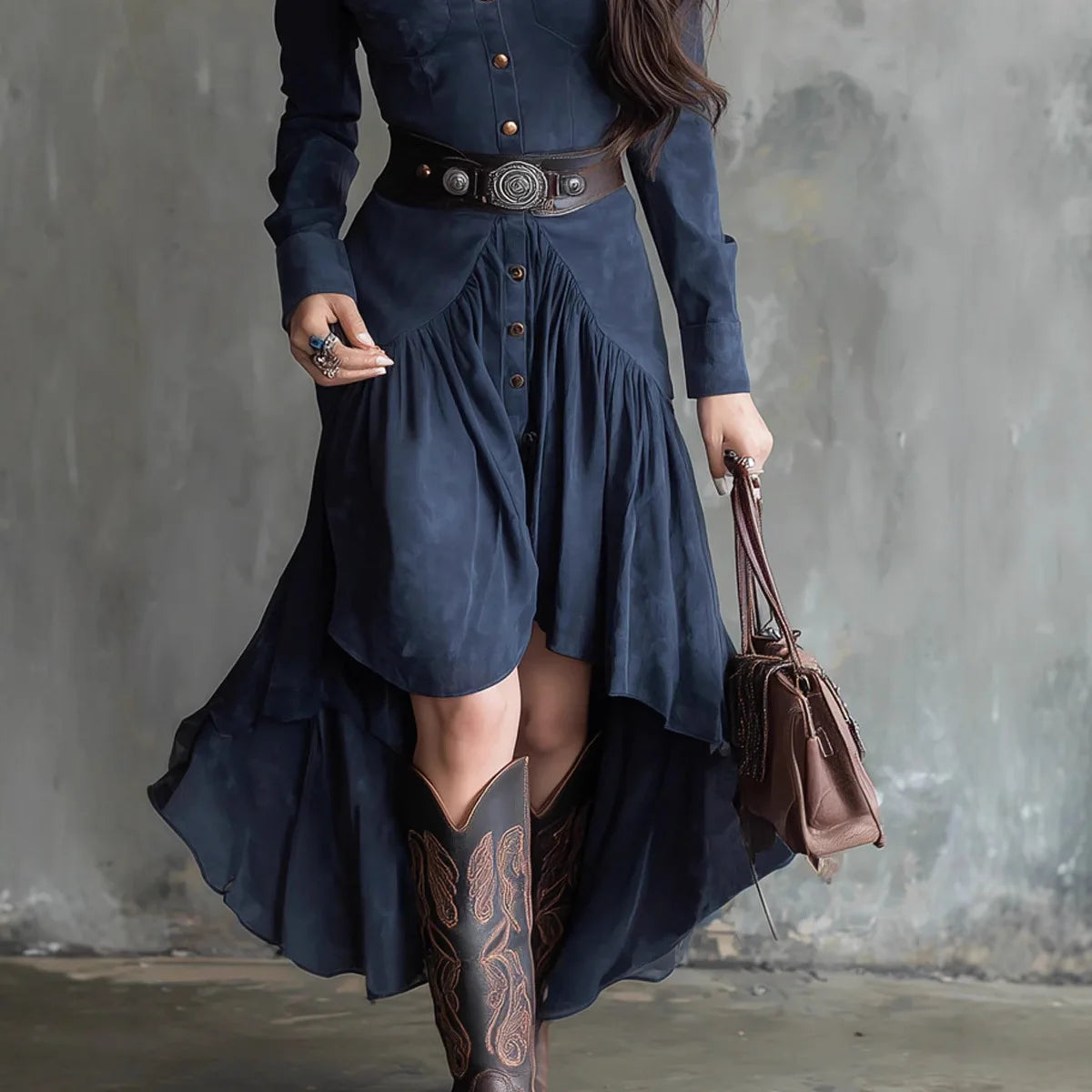 Robe de Soirée Longue Femme – Effet Daim et Ceinture