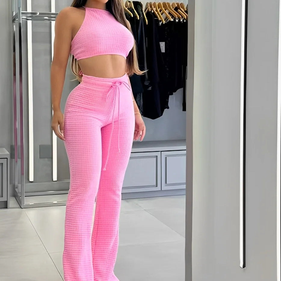 Ensemble pantalon long sexy taille haute à texture gaufrée pour femmes
