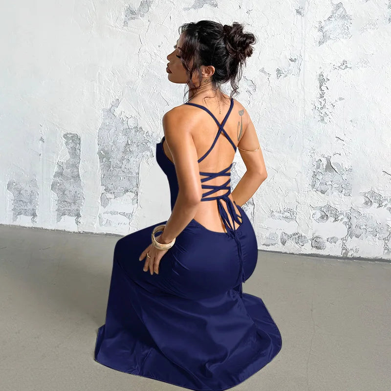 Robe longue moulante sexy dos nu à fines bretelles et lacets taille haute pour ,femmes