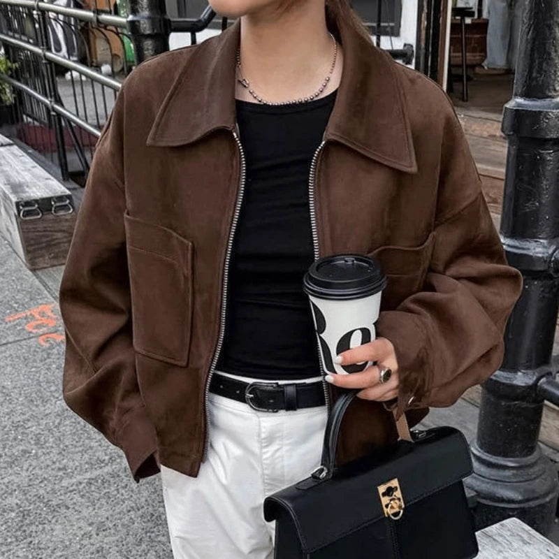 Veste courte en daim et fermeture éclair pour femmes