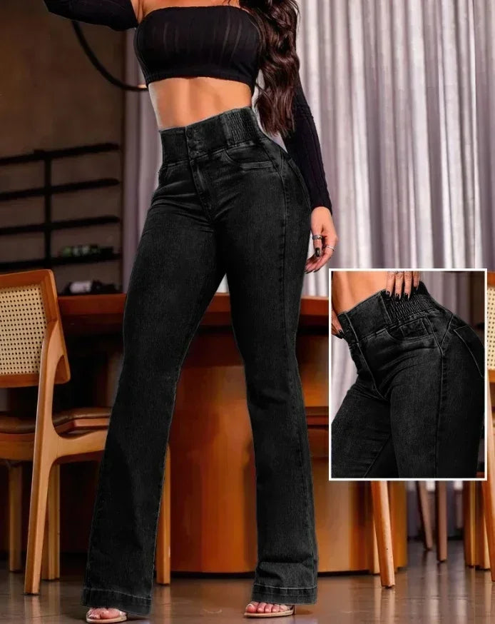 Jean taille haute boutonné devant décontracté pour femmes
