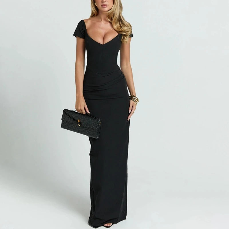 Robe maxi dos nu à col en V pour femmes