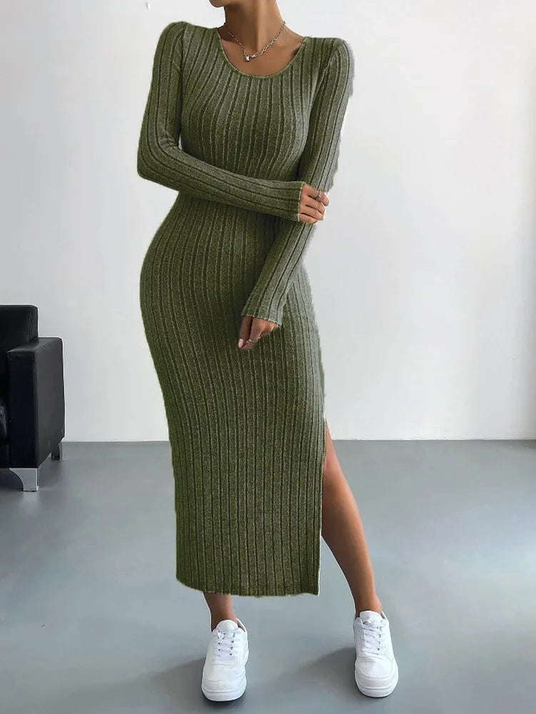 Robe en Maille Côtelée Femme – Col Rond et Fente Latérale