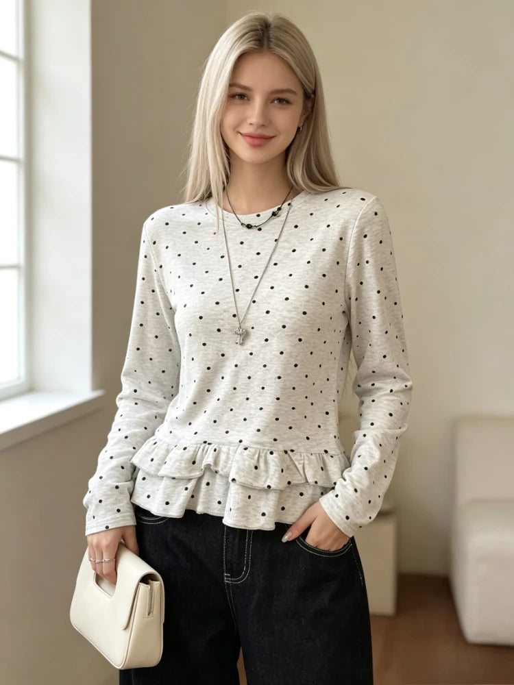 T-shirt à Pois Femme – Manches Longues et Finitions à Volants