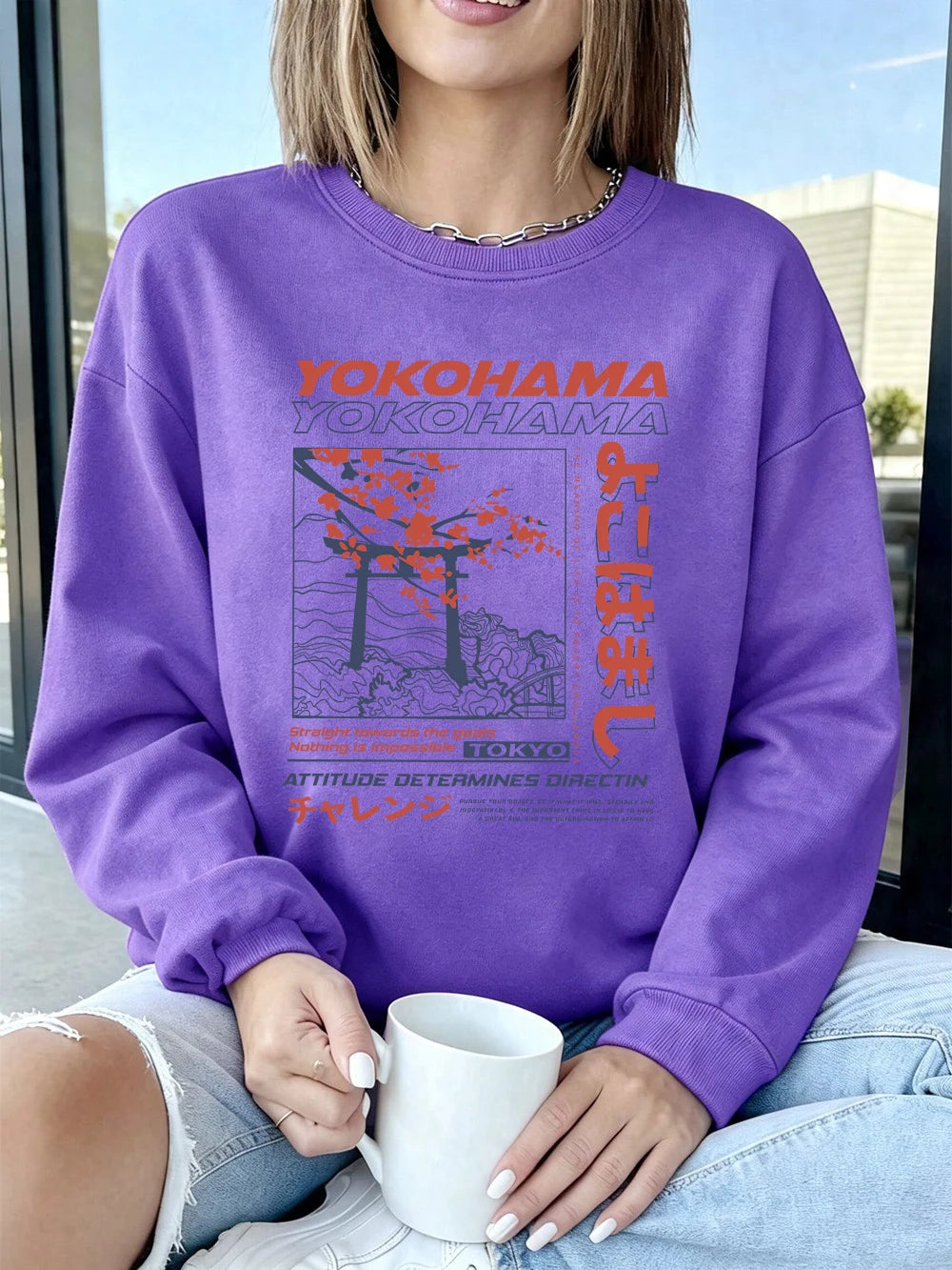 Sweat-shirts à imprimés lettres de style japonais pour femmes