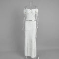 Ensemble deux pièces à pois blancs : jupe longue, haut épaules dénudées et jupe maxi plissée pour femmes