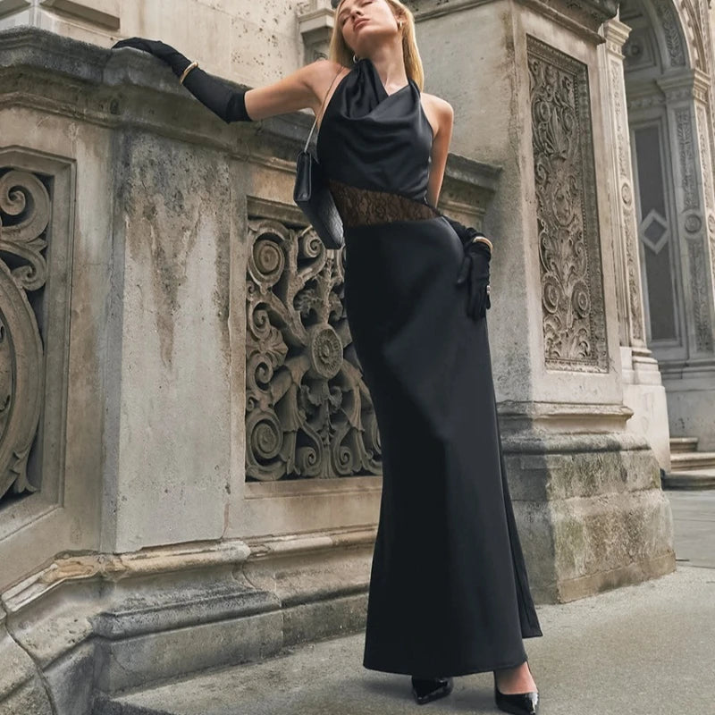 Robe longue dos nu en dentelle transparente pour femmes
