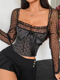 Top à pois avec nœud et empiècements en maille à manches longues pour femmes