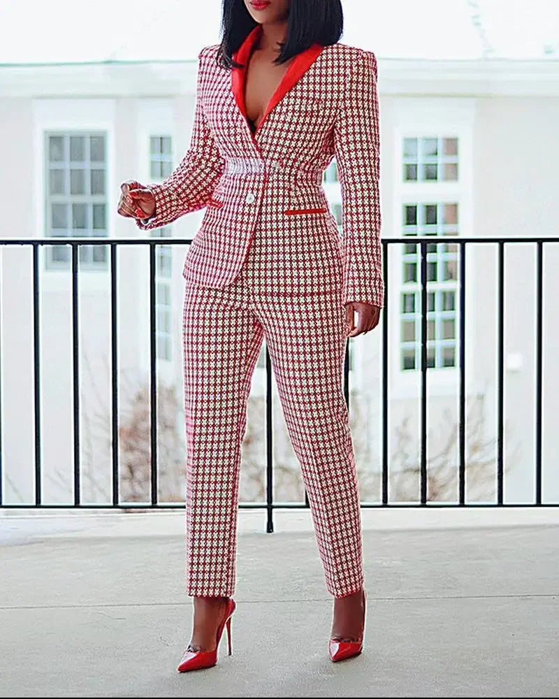 Ensemble deux pièces blazer et pantalon pied-de-poule élégant pour femmes