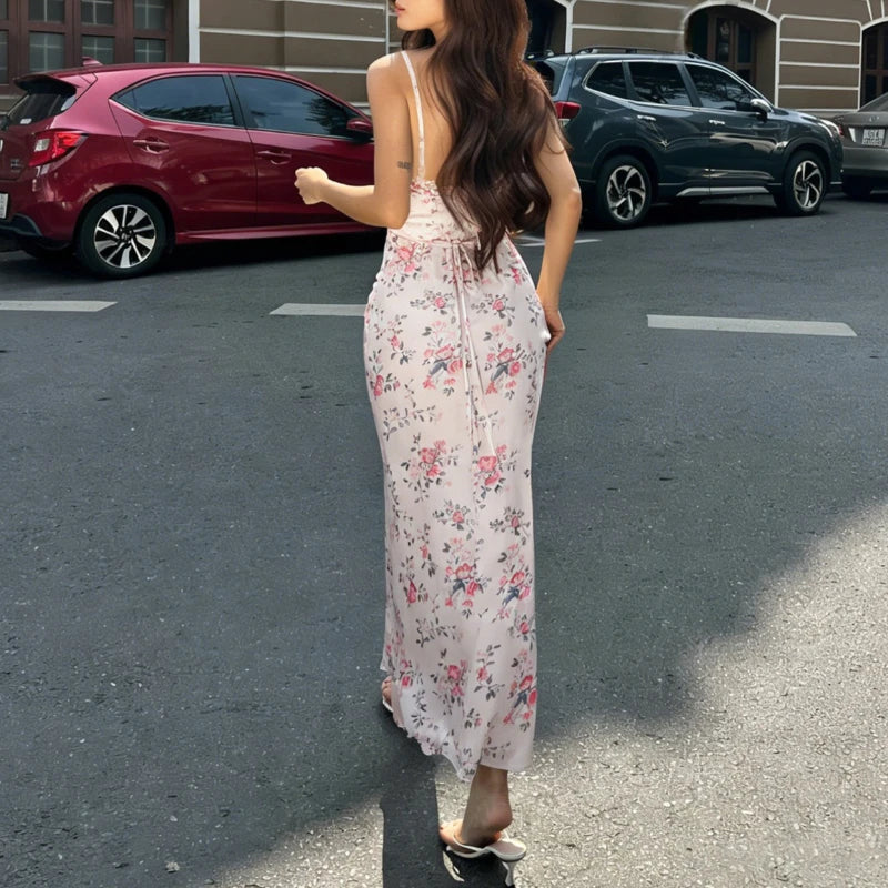 Robe longue dos nu à imprimé floral pour femmes