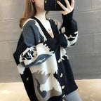 Cardigan tricoté imprimé couleur bloquée pour femmes