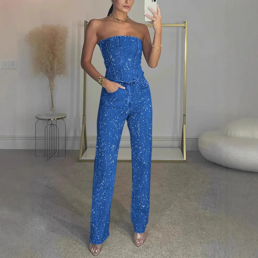 Ensembles pantalon tube en denim à paillettes pour femmes