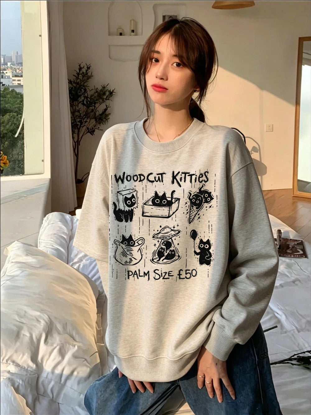 Sweat-shirt à capuche femme à col rond, imprimé chatons de poche pour femmes
