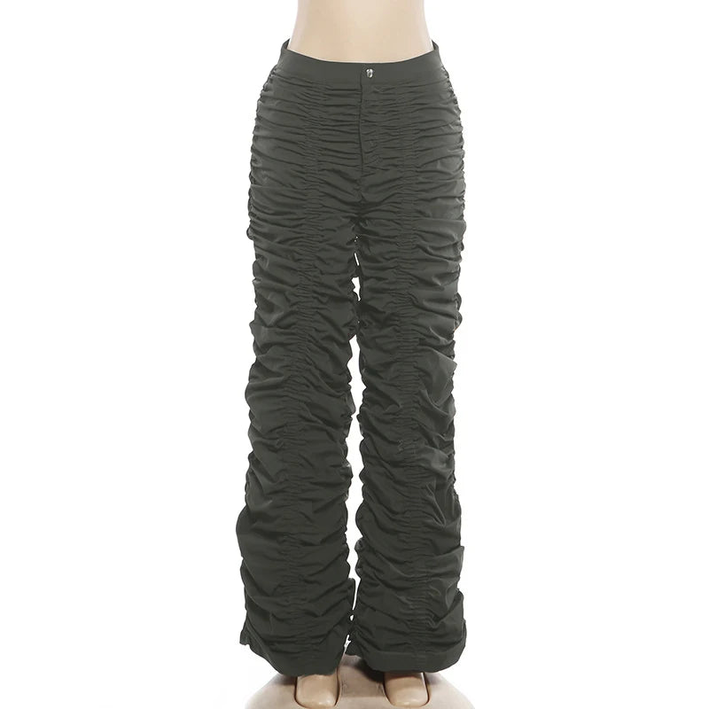Pantalon cargo plissé taille basse à boucle pour femme
