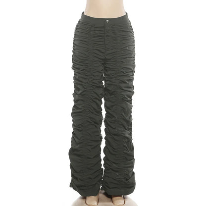 Pantalon cargo plissé taille basse à boucle pour femme