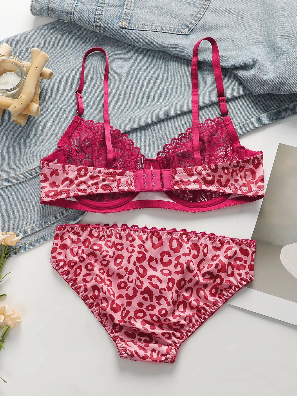 Ensemble sexy en dentelle imprimé léopard rose pour femmes