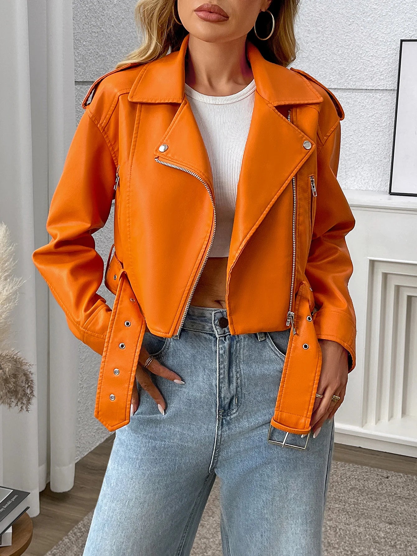 Veste court et décontracté en cuir PU pour femmes