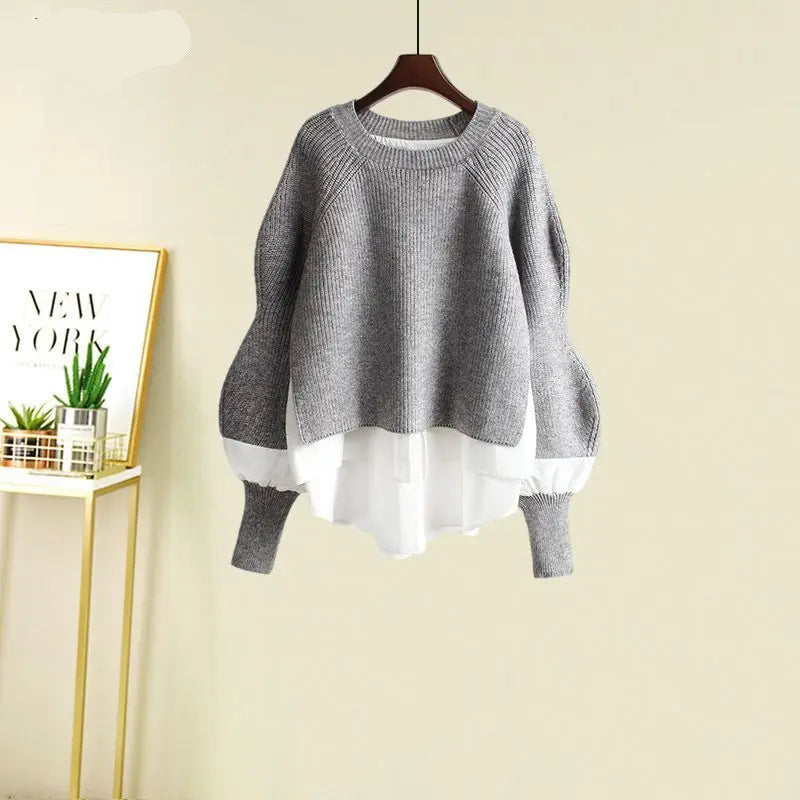Ensemble deux pièces pull en maille et jupe trapèze à bretelles pour femmes