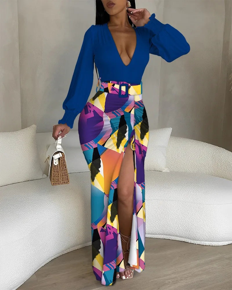 Robe longue imprimée à col en v pour femmes