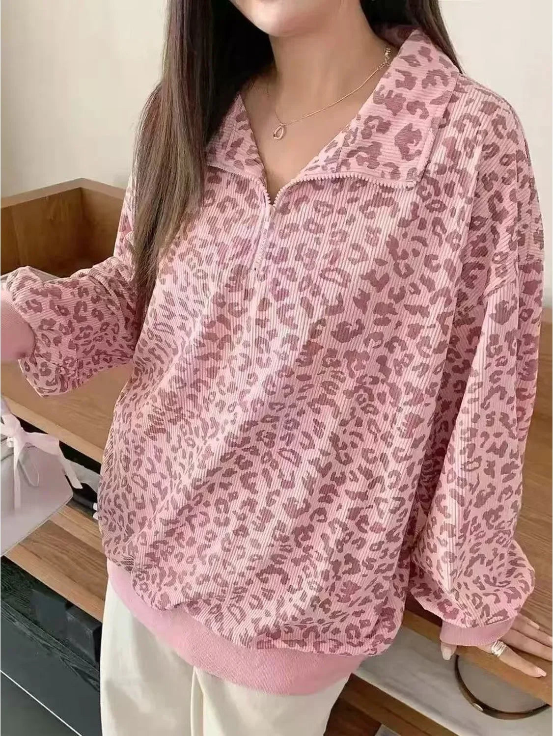 Sweat Léopard Vintage Femme – Col Demi-Zip