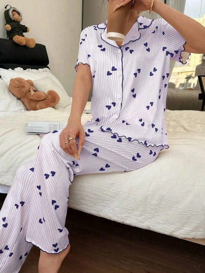 Pyjama Imprimé Femme – Haut Col V et Pantalon Long