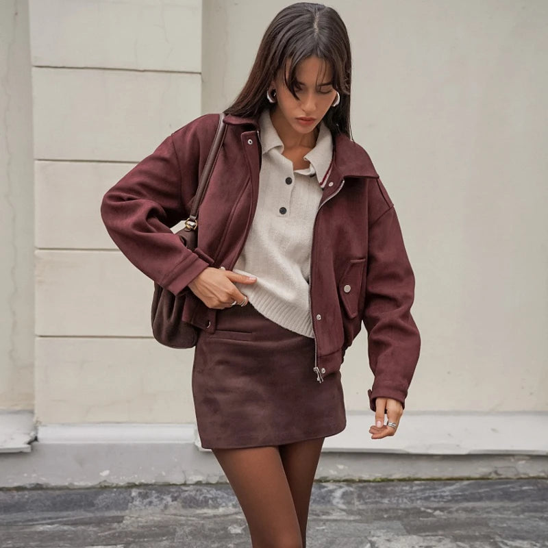 Manteau rétro en daim pour femmes