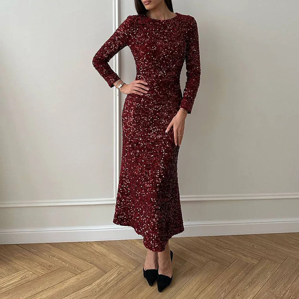 Robe de soirée femme en velours à paillettes