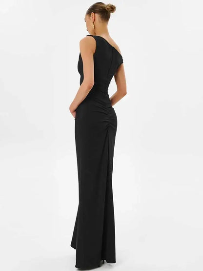 Robe Longue Asymétrique Femme – Une Épaule et Fente Haute