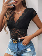 Body col en v profond noir dentelle pour femmes