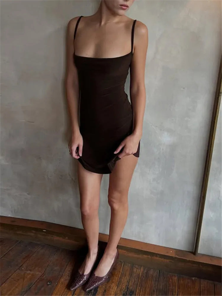Robe trapèze femme marron à fines bretelles