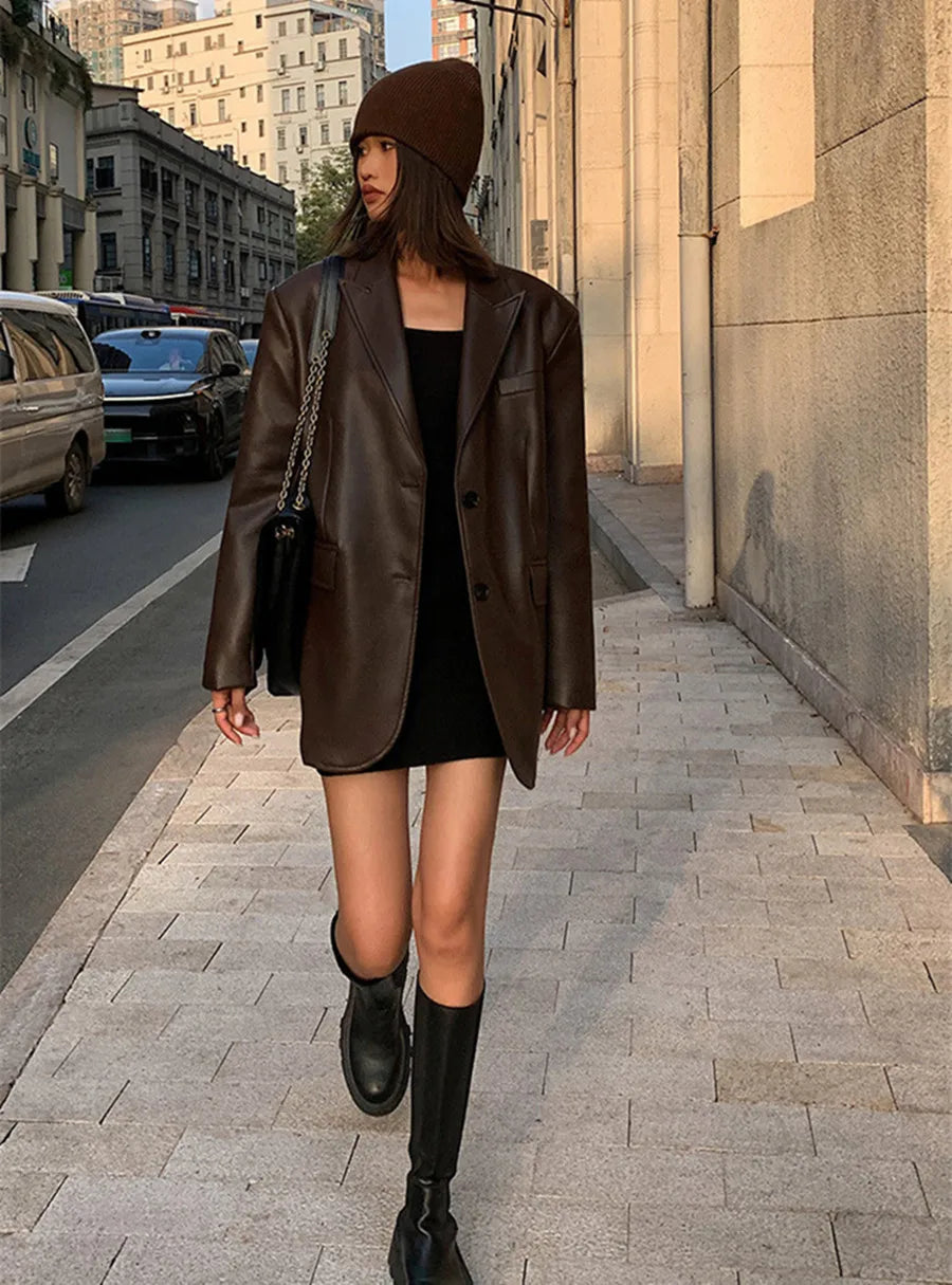 Veste blazer en cuir PU souple pour femmes