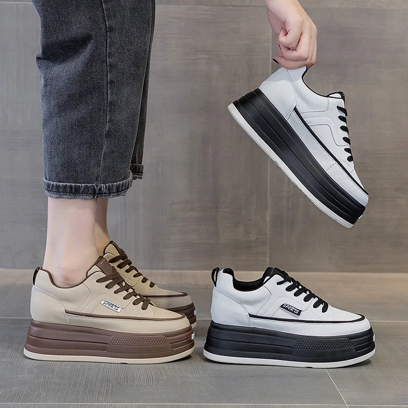 Baskets en cuir véritable à semelles compensées pour femmes