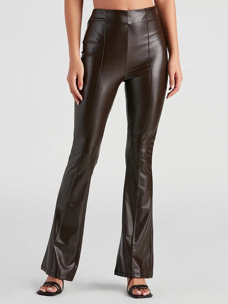 Pantalon Évasé Taille Haute en Similicuir Mat