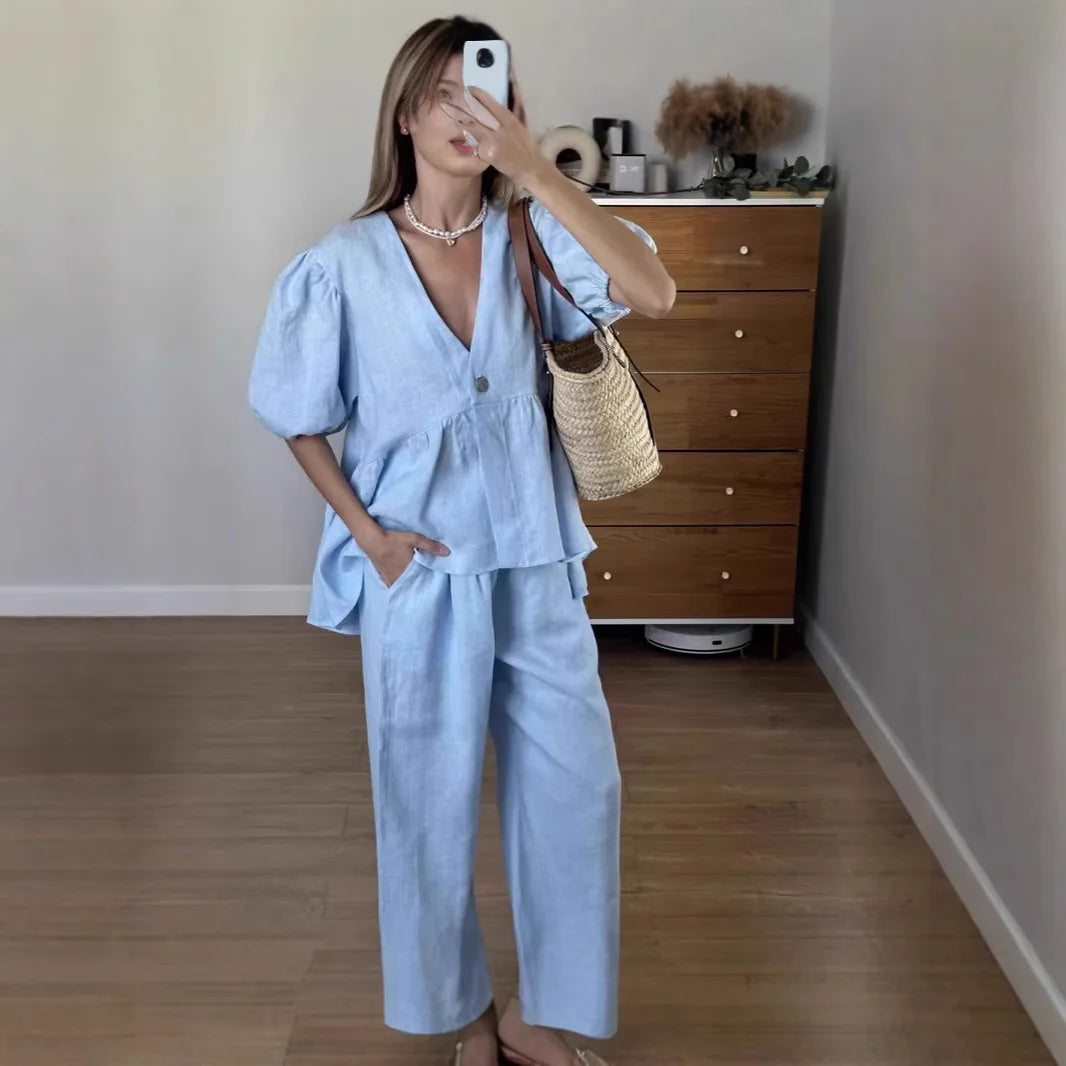 Ensembles deux pièces T-Shirt court haut + pantalons longs pour  femmes