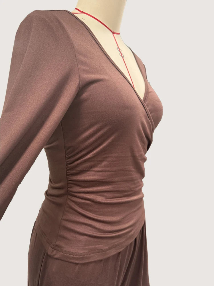Ensemble deux pièces pantalon à jambes larges et haut à manches longues pour femmes