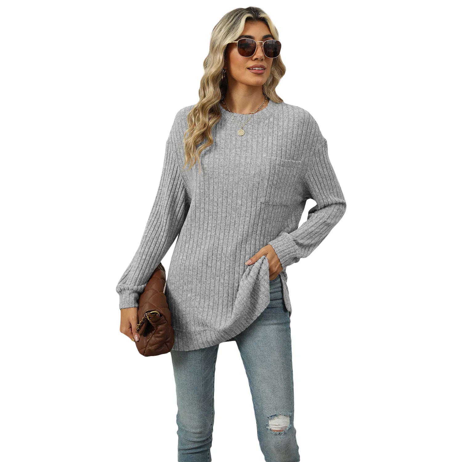 T-shirt à manches longues fendu pour femmes